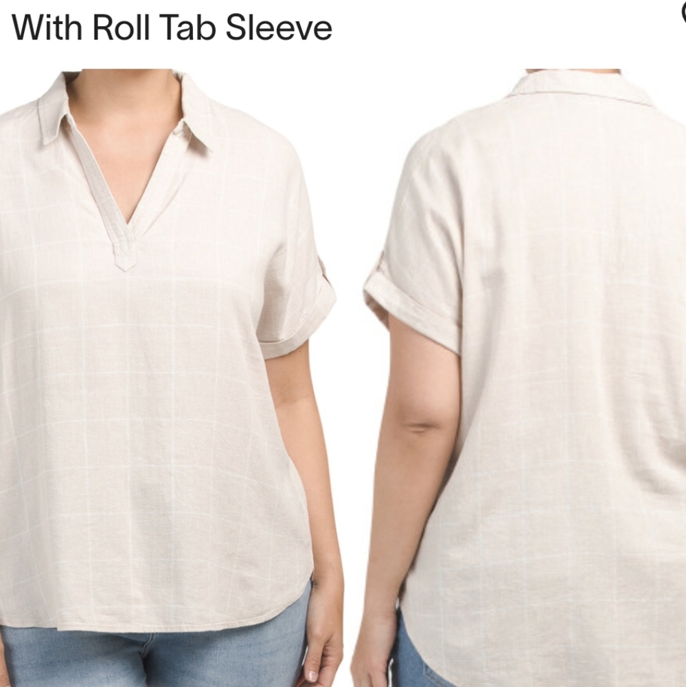 Tahari Tan Linen Blend Popover Shirt  SZ.1X NWT